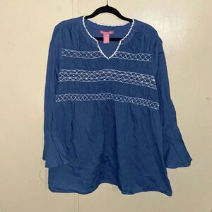 Women Within 2X Cotton Solid Blue W/ White Embroidered Sequins Tunic